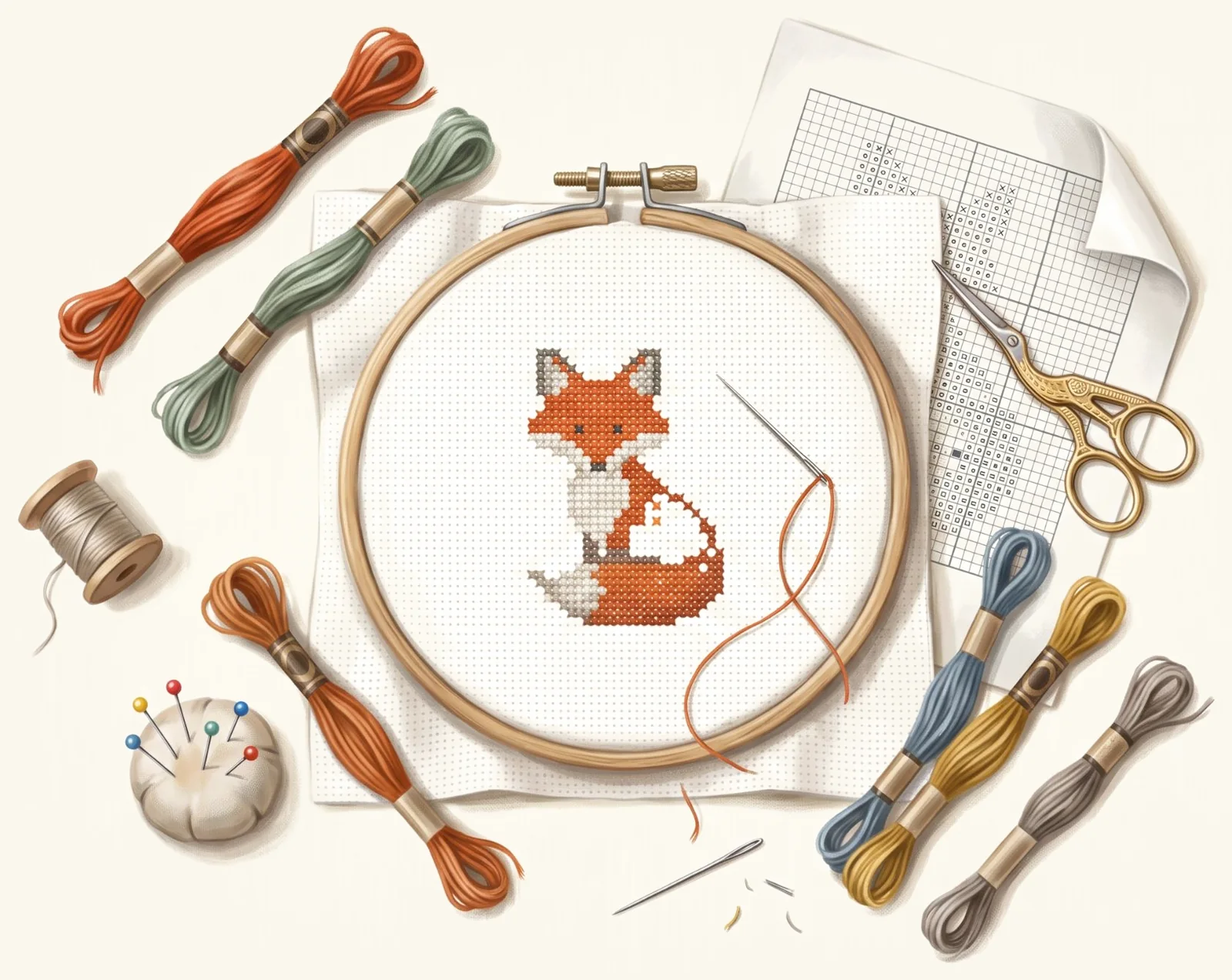 Embroidery hoop with a cross-stitch fox, floss skeins, scissors and a pattern chart